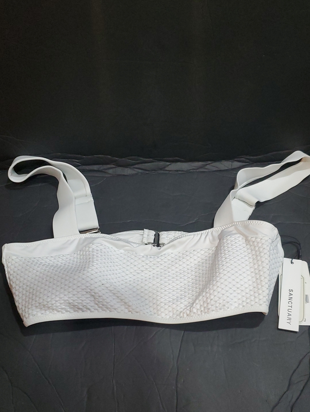 Sanctuary bright white silver shimmer mesh padded bandeau swim top size Large